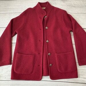 Vintage LL Bean Boiled Wool Red Button Up Cardigan Coat Silver Buttons